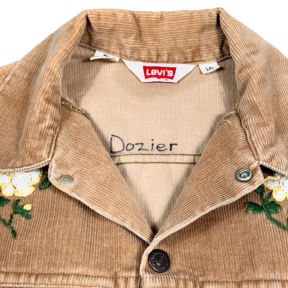 Levis OOAK Corduroy Trucker Jacket Girls 16 Women XS Boho Hand Embroidered Khaki - Picture 11 of 11